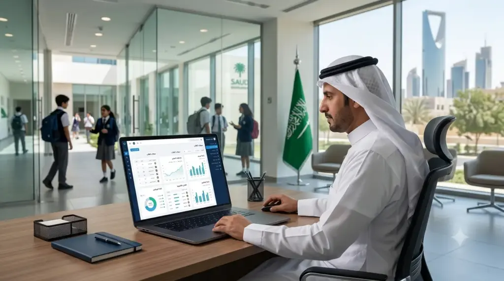 Saudi school administrator using an Education ERP dashboard on a laptop inside a modern Riyadh school.